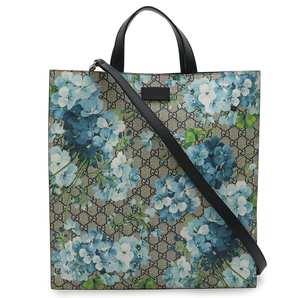 Gucci GG Blooms Tote Bag Vertical Crossbody Leather Floral Beige Cream Blue